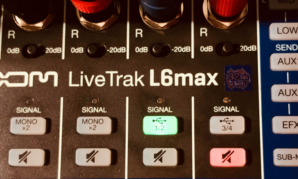 Keine Gain-Regler, aber -20-dB-Pad-Schalter in den Stereo-Kanälen des Zoom LiveTrak L6max