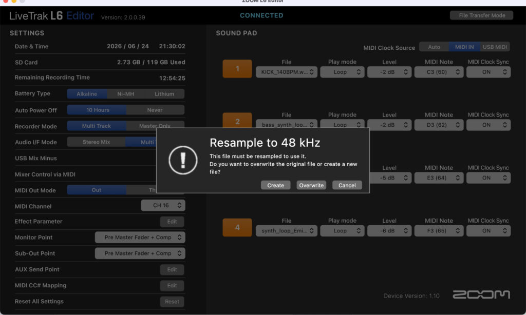 Im Editor können WAVs komfortabel in das vom Zoom LiveTrak L6max geforderte Format konvertiert werden