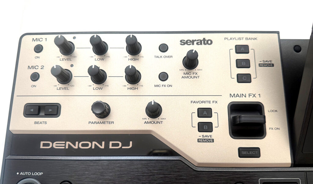 Die Mikrofonsektion, Effekt 1 und Playlist-Bank des Denon DJ Prime 4 G2