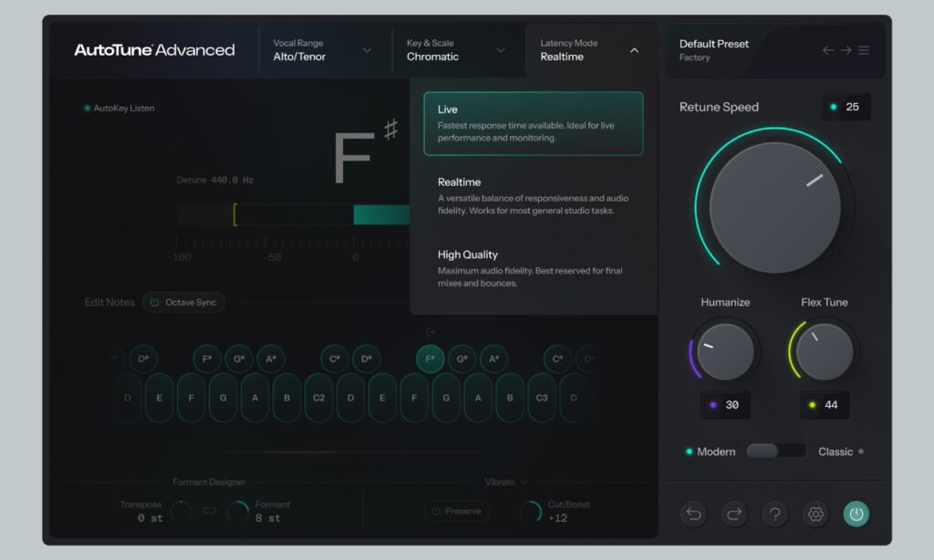 LIVE Latency Modus Auswahl in AutoTune Advanced (Bildquelle: Antares)