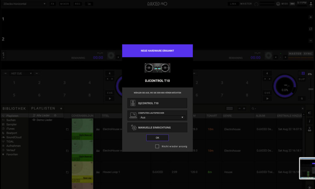 Der Hercules DJControl T10 wird beim Start automatisch erkannt