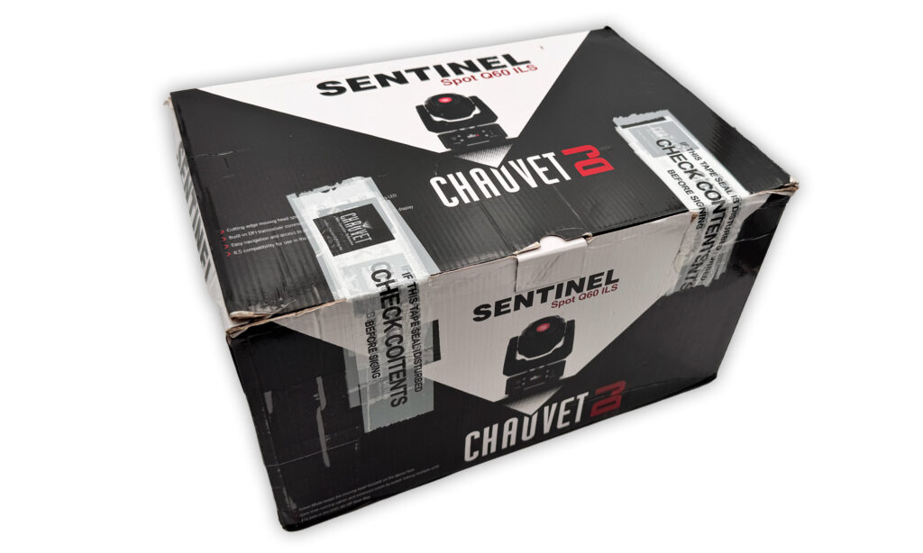 Der Chauvet DJ Sentinel Spot Q60 ILS Karton ist mit allen wichtigen Infos bedruckt