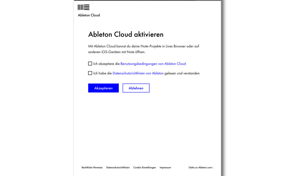 Anmeldeseite für Cloud-Sync von Ableton Note.