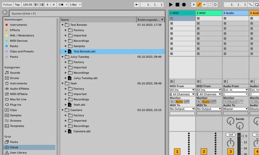 Cloud-Sync-Funktion im Browser von Ableton Live.