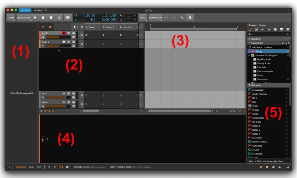 Nummerierte Oberfläche in der DAW Bitwig Studio 16-Track 