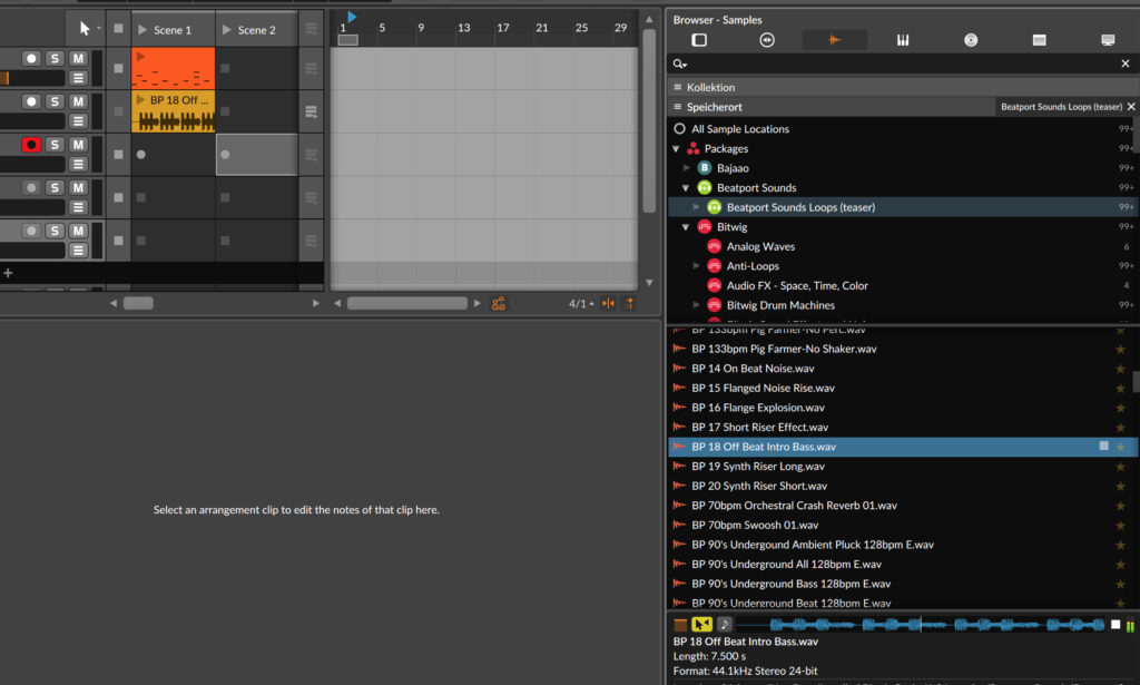 Sample Browser in der DAW Bitwig Studio 16-Track 