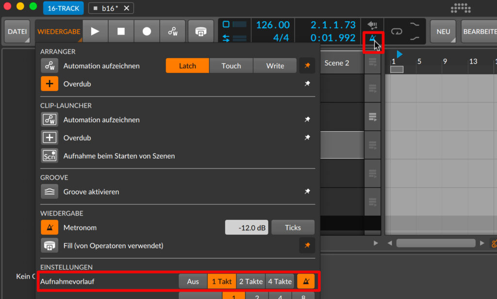 Titelzeile der DAW Bitwig Studio 16-Track 