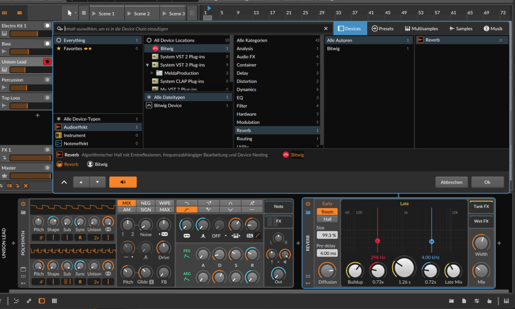 Audioeffekt Reverb in der DAW Bitwig Studio 16-Track 