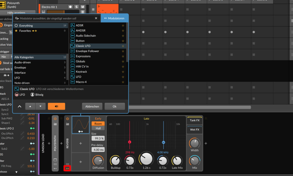 Modulator-Browser in der DAW Bitwig Studio 16-Track 