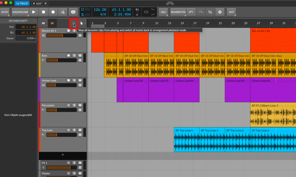 Arrangement Ansicht mit Clips in der DAW Bitwig Studio 16-Track 