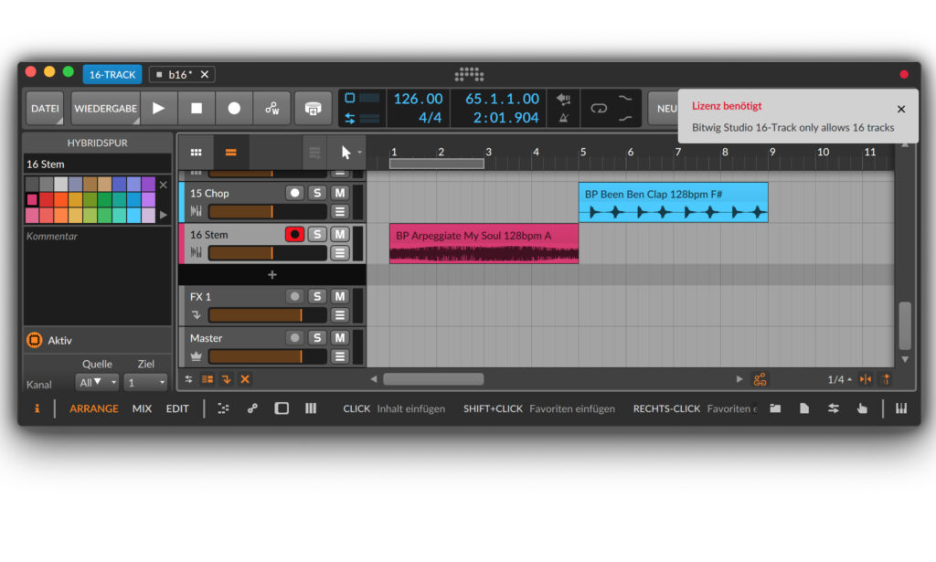 DAW Bitwig Studio 16-Track mit Clips 