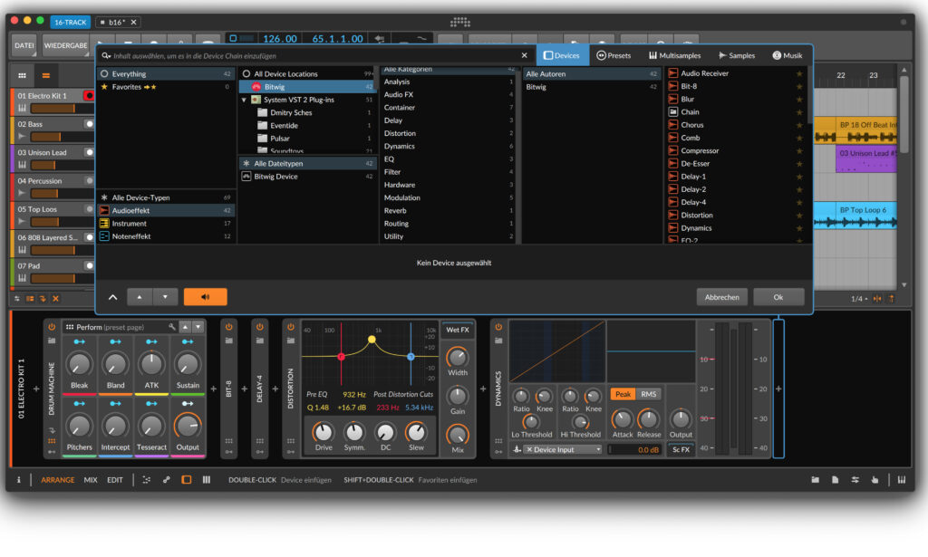 Audioeffekte in der DAW Bitwig Studio 16-Track mit Clips 