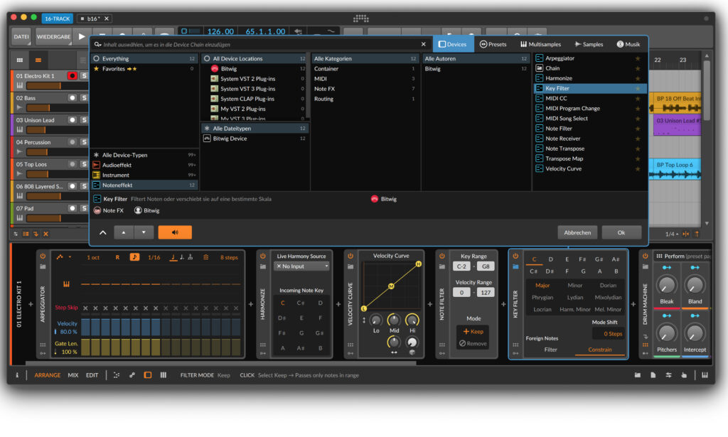 MIDI-Effekte in der DAW Bitwig Studio 16-Track mit Clips 