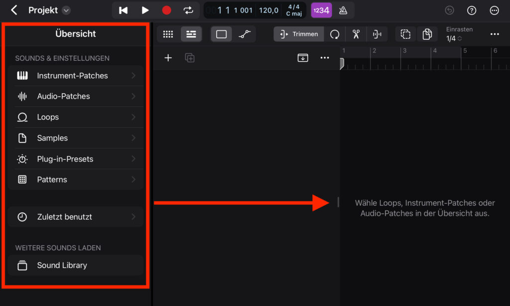 Spuren anlegen in Apple Logic Pro für iPad