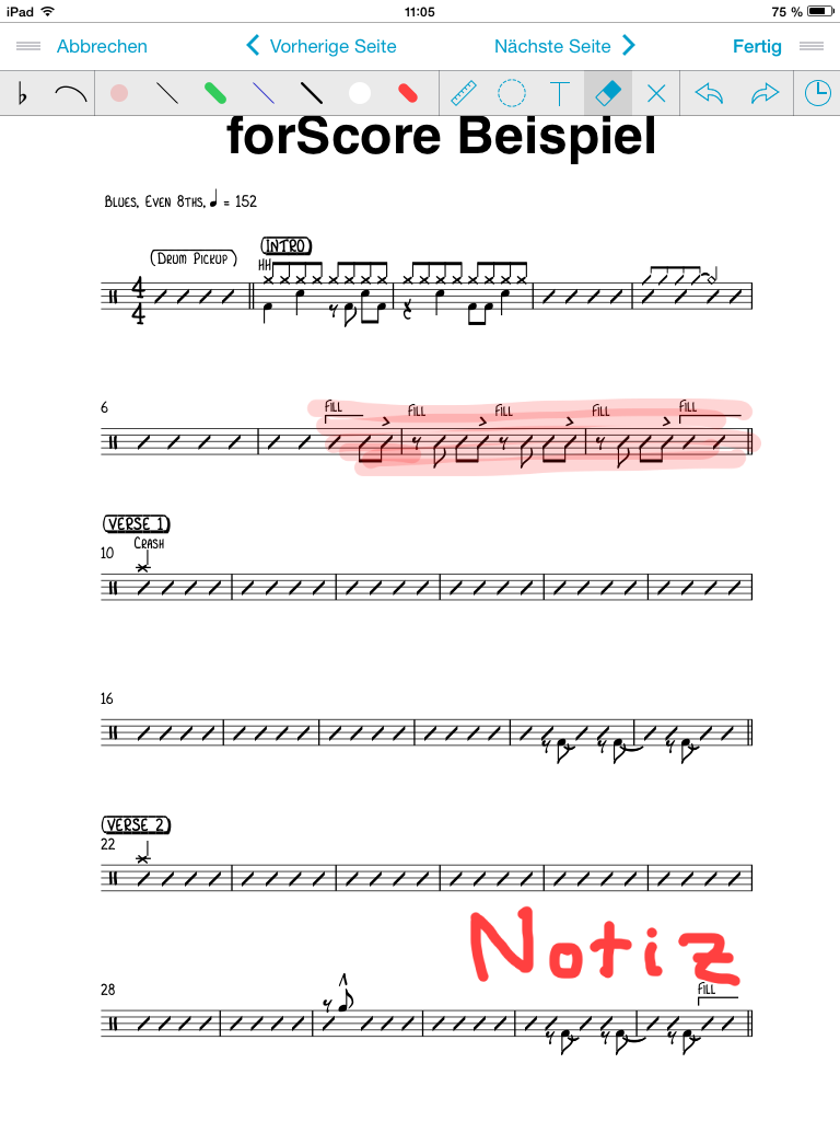 Mit der forScore App lassen sich Notizen und Markierungen erstellen, ...
