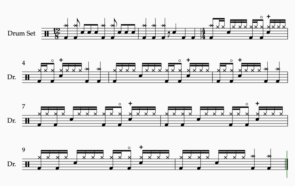Wechsel von 12/ 8 auf 4/4-Groove mit 16tel Hi-Hat