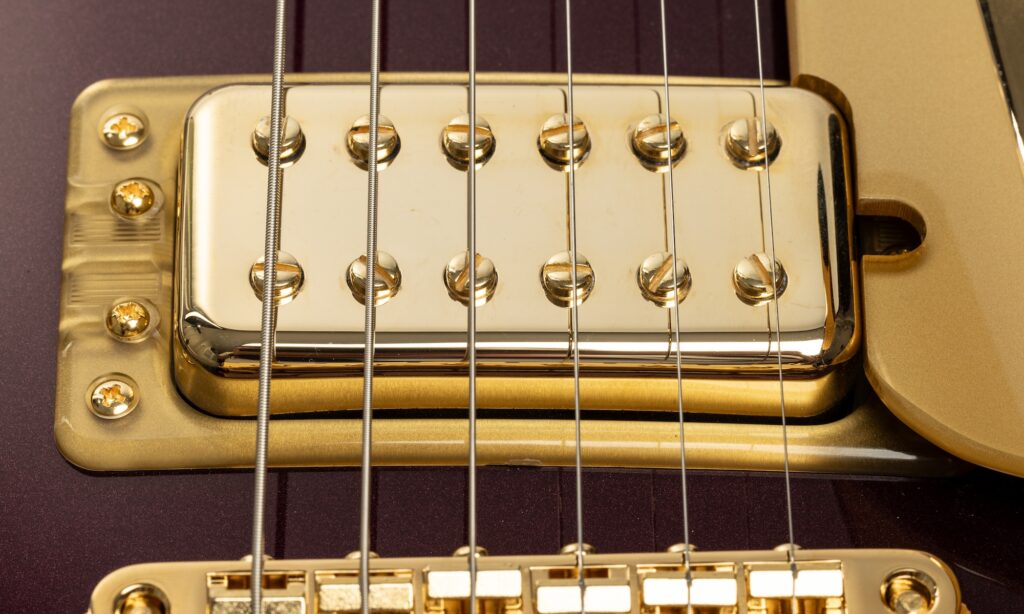 Bei den Pickups handelt es sich um zwei Pro Twin Six Humbucker. 
