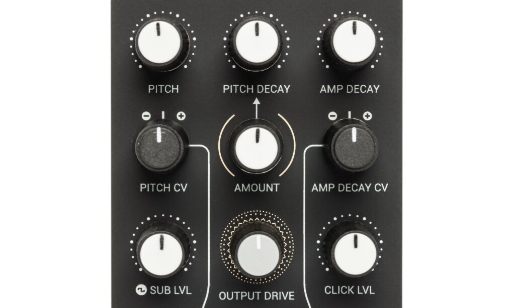 Die vielen Regler zeigen es an: Diese Kickdrum für das Eurorack bietet viele Möglichkeiten für detailliertes Sounddesign.