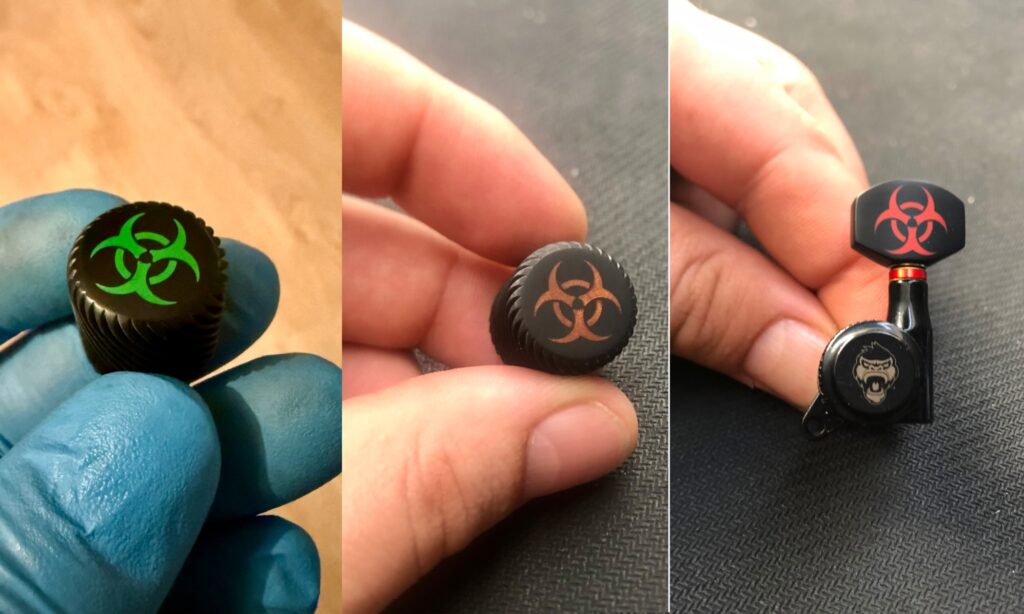 Guitar Monkey bietet zahlreiche Custom-Optionen an, hier auf zwei Knobs und einer Mechanik zu sehen.
