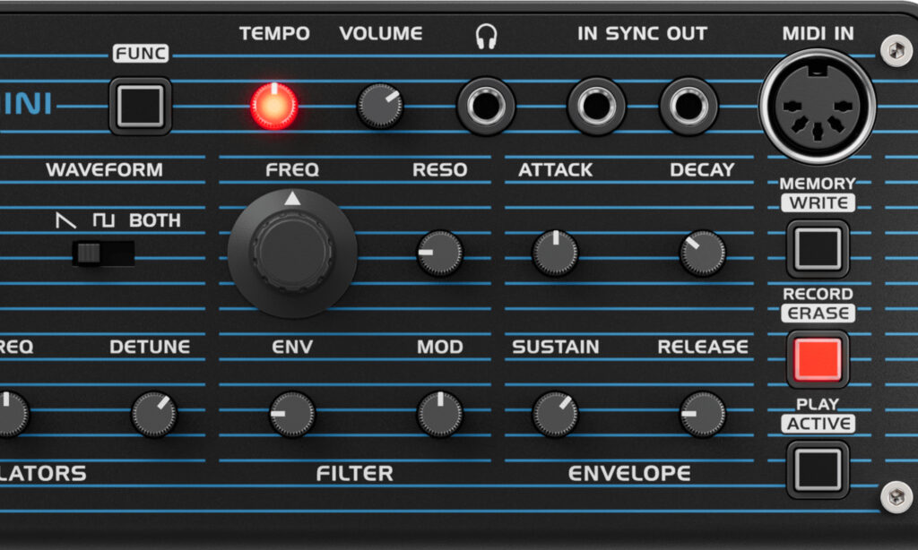 Konnektivität auf Sparflamme: Neben USB-C Port gibt es Anschlüsse für Kopfhörer, Sync In/Out und MIDI In. (Quelle: Behringer).