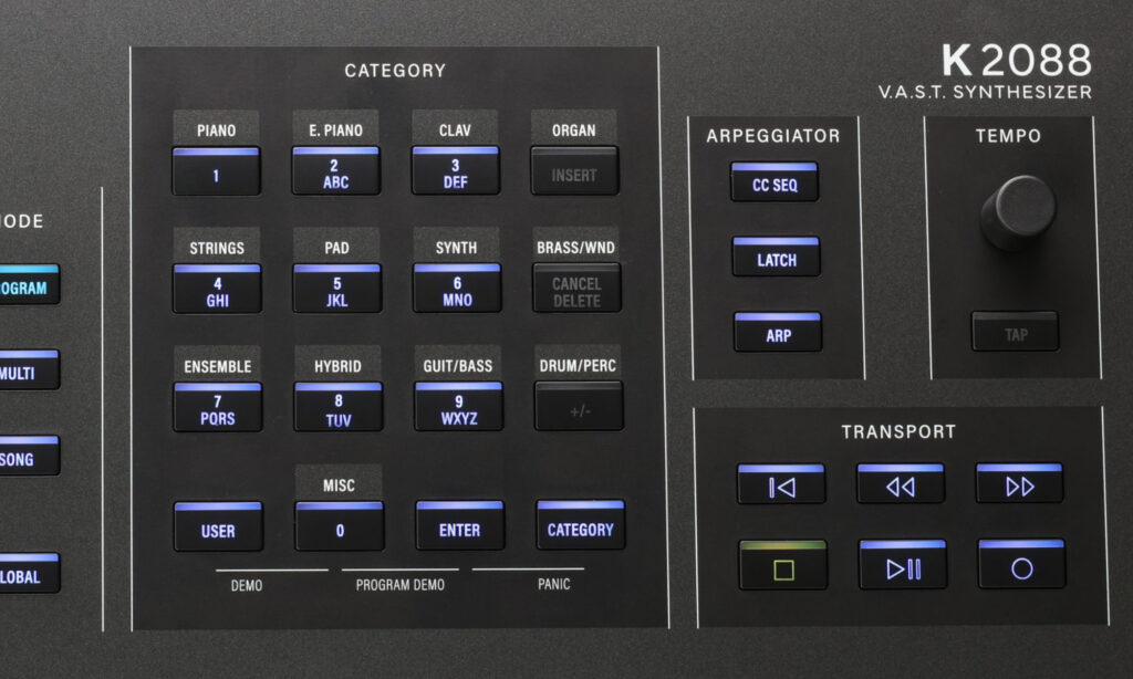 Direkter Zugriff: Tempo-Regler und Transport-Control-Tasten für den Sequenzer des K2088.