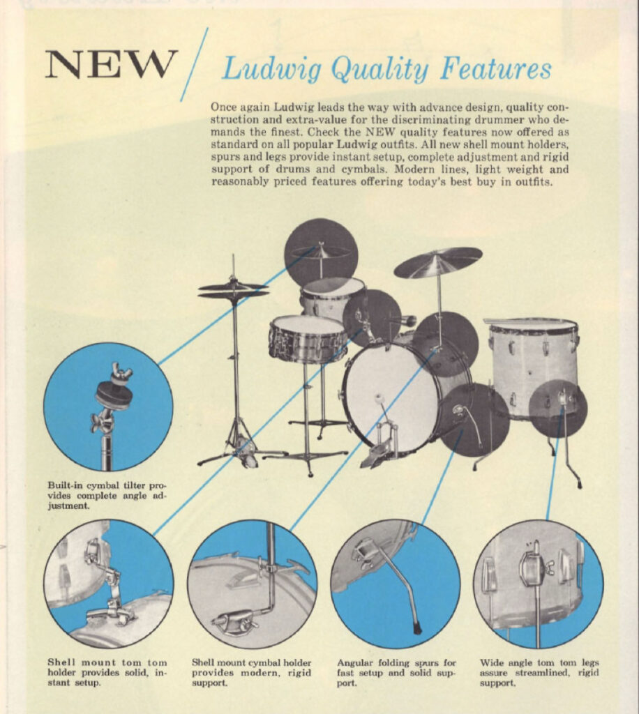 Heute nicht mehr wegzudenken: das von Ludwig eingeführte L-Arm System für Toms, Becken, Bassdrum und Floortom-Beine. 
