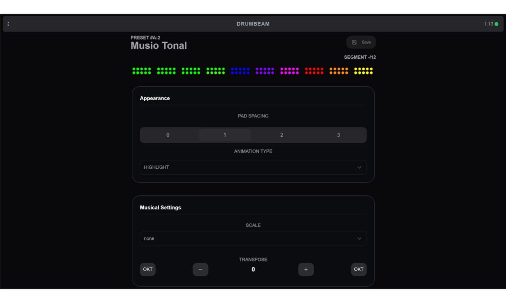 Die Einstellungen des Drumbeam steuert man über eine Browserseite. Das Seitenlayout nutzt leider nicht die komplette Breite des Fensters und zeigt zudem nicht alle aktiven Segmente an – in diesem Fall werden zehn von insgesamt zwölf Segmenten angezeigt.