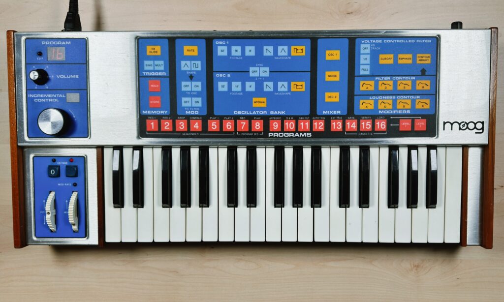 Das komplette Folien-Panel im Überblick: Die Anordnung der Klangbausteine ähnelt dem Panel des Minimoog - die Parameter stehen aber nicht als einzelne Regler bereit. (Foto: Matthias Sauer)