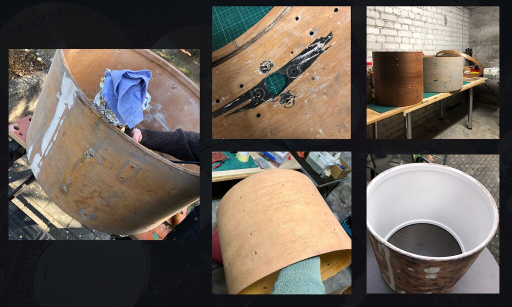Die Kessel während und nach den ersten Arbeiten. Man beachte besonders die Substanz der Bassdrum. Unten rechts ist das 18er Standtom innen bereits neu lackiert. (Fotos: Daniel Schwarz)