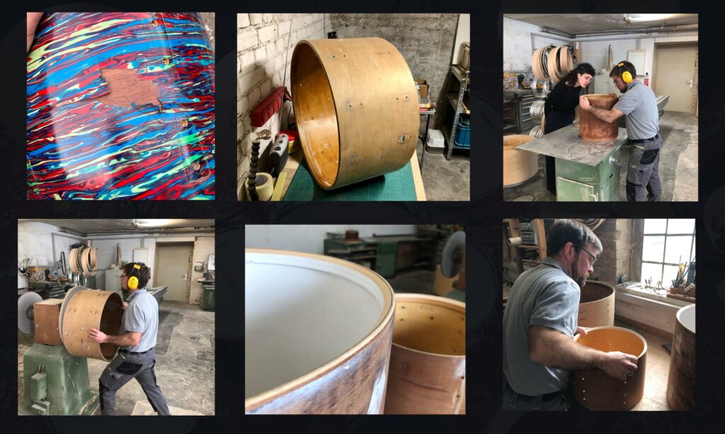 Die Folie des 14er Toms (oben links )war total verschlissen und kam runter, daneben der 24" Bassdrumkessel, jetzt neu klar lackiert. Die weiteren Fotos dokumentieren die Arbeiten bei St Drums, plan schleifen und neu graten. (Fotos: Daniel Schwarz)