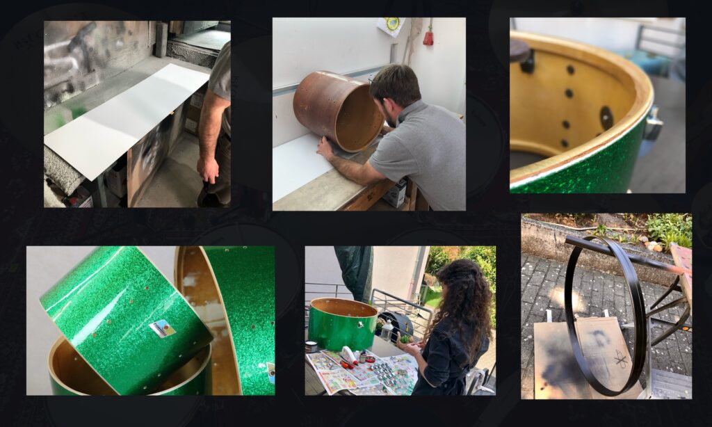 Hier wird die Folie installiert, im Anschluss mussten noch die Beschlagteile montiert und die zwei Bassdrum-Spannreifen neu lackiert werden. (Fotos: Daniel Schwarz)
