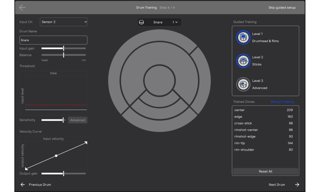 Bei den Drum-Sensoren bietet Sensory Percussion bis zu zehn Zonen bzw. Artikulationen pro Trommel. Die Software muss über ein Training an den persönlichen Spielstil angepasst werden.