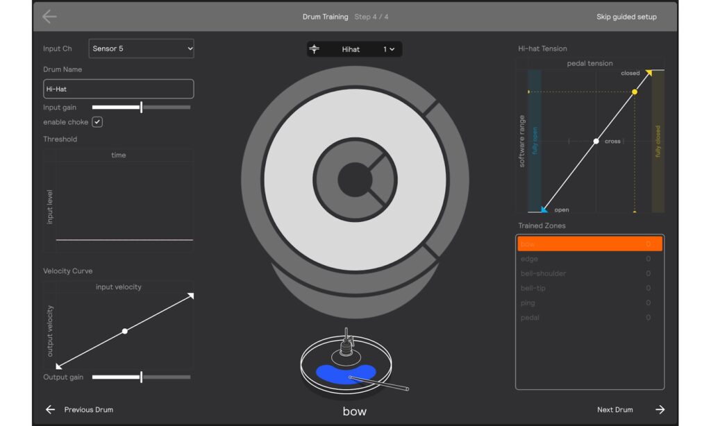 Für die Becken- und Hi-Hat-Sensoren bietet die Sensory Percussion Software keine Trainingsfunktion, sondern nur ein paar Optionen, die den Trigger-Einstellungen eines E-Drumsets ähneln.