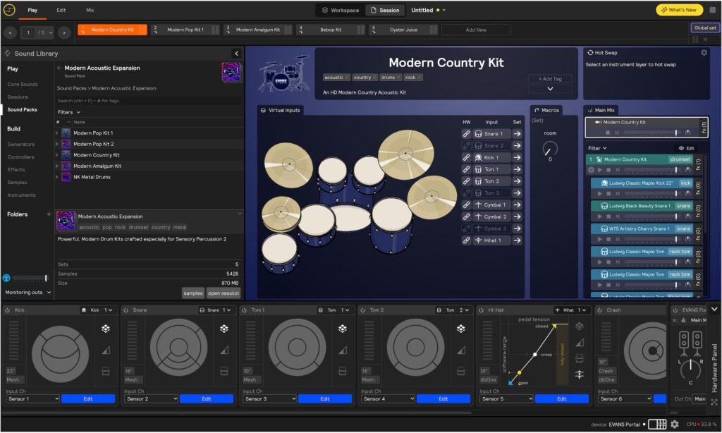 Wer einfach nur E-Drums spielen will, wird sich hauptsächlich im Play-View der Sensory Percussion Software aufhalten. Die enormen Möglichkeiten für Sound-Design bleiben dabei weitgehend ungenutzt.